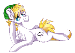Size: 352x250 | Tagged: safe, artist:woonborg, oc, oc only, earth pony, pony, :p, animated, chest fluff, commission, digital art, ear fluff, happy, hat, looking sideways, male, pixel art, prone, silly, simple background, smiling, solo, stallion, tongue out, transparent background