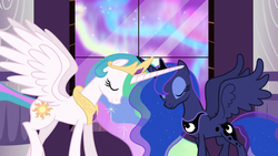 Size: 1280x720 | Tagged: safe, screencap, princess celestia, princess luna, alicorn, pony, g4, the crystal empire, ethereal mane, female, jewelry, mare, regalia, royal sisters, siblings, sisters, smiling, spread wings, starry mane, wings