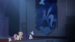 Size: 1280x720 | Tagged: safe, screencap, angel bunny, fluttershy, princess luna, rarity, alicorn, pegasus, pony, unicorn, castle mane-ia, g4, banner, castle of the royal pony sisters, dark, female, mare, night