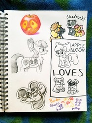 Size: 1280x1707 | Tagged: safe, artist:shoeunit, apple bloom, applejack, earth pony, panda, pony, g4, apple, bow, doll, female, filly, food, hat, sketchbook, toy, traditional art, what if