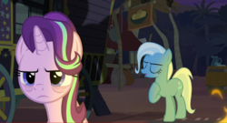 Size: 1734x938 | Tagged: safe, screencap, starlight glimmer, trixie, pony, unicorn, g4, road to friendship, annoyed, bags under eyes, campfire, duo, duo female, female, mare, night, trixie's wagon