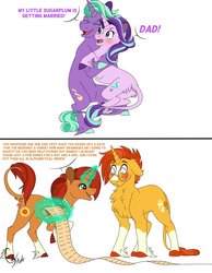 Size: 1024x1317 | Tagged: safe, artist:colourstrike, firelight, starlight glimmer, stellar flare, sunburst, classical unicorn, pony, unicorn, g4, blushing, chest fluff, coat markings, colored hooves, comic, exclamation point, father and daughter, fathers gonna father, featureless crotch, female, firelight the shipper, horn, hug, implied shipping, implied starburst, implied straight, interrobang, leonine tail, list, male, mare, mother and son, mothers gonna mother, question mark, realistic horse legs, shipper flare, shipper on deck, simple background, socks (coat markings), stallion, that pony sure does love plans, that pony sure does want grandfoals, unshorn fetlocks, white background