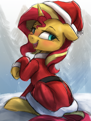 Size: 2250x3000 | Tagged: safe, artist:vanillaghosties, sunset shimmer, pony, unicorn, g4, adorasexy, atg 2018, bedroom eyes, christmas, clothes, costume, cute, female, floppy ears, hat, high res, holiday, lidded eyes, looking back, newbie artist training grounds, open mouth, raised hoof, santa claus, santa hat, seductive, seductive look, sexy, shimmerbetes, sitting, snow, solo, stupid sexy sunset shimmer, sunset santa