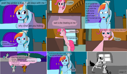 Size: 3648x2112 | Tagged: safe, artist:mellowbomb, pinkie pie, rainbow dash, oc, oc:closingrain, oc:running blade, oc:toony, comic:calamity fateful, g4, 1000 hours in ms paint, dialogue, high res