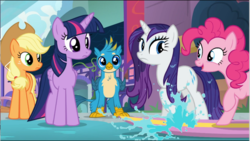 Size: 1582x890 | Tagged: safe, screencap, applejack, gallus, pinkie pie, rarity, twilight sparkle, alicorn, earth pony, griffon, pony, unicorn, a rockhoof and a hard place, g4, female, male, mare, twilight sparkle (alicorn), water, wet, wet mane, wet mane rarity