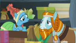 Size: 1575x884 | Tagged: safe, screencap, meadowbrook, rockhoof, earth pony, pony, a rockhoof and a hard place, g4, beard, braid, duo, facial hair, female, male, mare, moustache, raised eyebrow, rockhoof's shovel, stallion