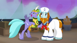 Size: 1573x883 | Tagged: safe, screencap, rockhoof, seaspray, classical hippogriff, earth pony, hippogriff, pony, a rockhoof and a hard place, g4, beard, braid, clothes, duo, facial hair, feathered fetlocks, hippogriff navy, male, moustache, open mouth, sailor hat, sailor uniform, stallion, uniform
