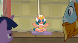 Size: 1572x882 | Tagged: safe, screencap, rockhoof, somnambula, twilight sparkle, alicorn, pony, a rockhoof and a hard place, g4, eyes closed, eyeshadow, female, lotus position, makeup, mare, meditating, omnambula, solo focus, twilight sparkle (alicorn), yoga