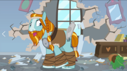 Size: 1560x874 | Tagged: safe, screencap, rockhoof, earth pony, pony, a rockhoof and a hard place, g4, beard, braid, facial hair, hole in the wall, male, moustache, open mouth, rockhoof's shovel, shovel, solo, stallion