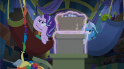 Size: 1571x880 | Tagged: safe, screencap, starlight glimmer, trixie, pony, unicorn, g4, road to friendship, boxes, duo, duo female, female, hammock, magic, mare, telekinesis, trixie's wagon