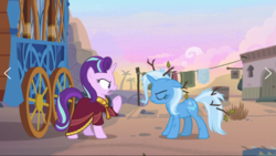 Size: 1568x886 | Tagged: safe, screencap, starlight glimmer, trixie, pony, unicorn, g4, road to friendship, angry, clothes, duo, duo female, female, hoo'far's wagon, mare, messy mane, robe, tree branch