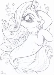 Size: 2196x3028 | Tagged: safe, artist:whitediamonds, rarity, pony, seapony (g4), unicorn, g4, bubble, cute, eyelashes, female, fish tail, flowing mane, flowing tail, happy, high res, horn, jewelry, lineart, mare, necklace, ocean, pearl necklace, scales, seaponified, seapony rarity, sketch, solo, species swap, swimming, tail, traditional art, underwater, water