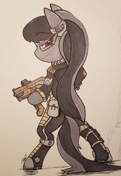Size: 900x1311 | Tagged: safe, artist:zalla661, octavia melody, earth pony, pony, g4, bipedal, fanfic art, female, solo, spacesuit, traditional art, weapon