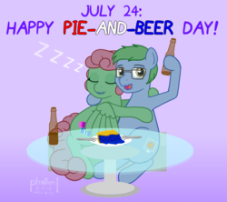 Size: 1352x1202 | Tagged: safe, artist:phallen1, oc, oc only, oc:software patch, oc:windcatcher, alcohol, atg 2018, beer, cheers, crumbs, drunk, food, fork, gradient background, holiday, hug, newbie artist training grounds, pie, pun, simple background, sitting, sleeping, table, windpatch