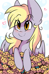 Size: 2742x4073 | Tagged: safe, artist:cookietasticx3, derpy hooves, pegasus, pony, g4, blushing, cute, female, food, heart, mare, muffin