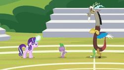Size: 1280x720 | Tagged: safe, edit, edited screencap, screencap, discord, spike, starlight glimmer, dragon, a matter of principals, g4, the break up breakdown, animated, apple tree, buckball court, bush, cropped, field, flipped, magic, package, school of friendship, sound, stands, table, tree, webm, winged spike, wings