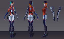 Size: 1600x975 | Tagged: safe, artist:sunset tide, rainbow dash, cyborg, human, g4, alternate hair color, amputee, ass, away from viewer, black hair, boots, butt, cyberpunk, dyed hair, elf ears, female, glasses, gray background, humanized, prosthetic arm, prosthetic limb, prosthetics, shoes, simple background, solo, visor, woman