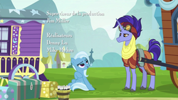 Size: 1280x720 | Tagged: safe, screencap, hoo'far, trixie, pony, saddle arabian, unicorn, g4, road to friendship, female, french, jim miller, looking at each other, male, mare, shipping fuel, sitting, stallion, trixie's wagon