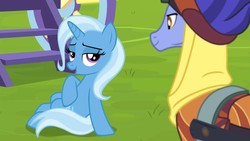 Size: 1280x720 | Tagged: safe, screencap, hoo'far, trixie, pony, saddle arabian, unicorn, g4, road to friendship, duo, female, looking at each other, male, mare, shipping fuel, stallion, trixie's wagon