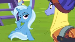 Size: 1280x720 | Tagged: safe, screencap, hoo'far, trixie, pony, saddle arabian, unicorn, g4, road to friendship, duo, female, looking at each other, male, mare, raised eyebrow, stallion, trixie's wagon