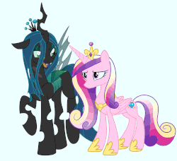 Size: 1699x1552 | Tagged: safe, artist:n238900, princess cadance, queen chrysalis, alicorn, changeling, changeling queen, pony, accessory swap, animated, blue background, body swap, changeling magic, changelingified, character to character, crown, disguise, disguised changeling, duo, eye color change, fake cadance, female, gif, glowing horn, growth, hoof shoes, jewelry, levitation, magic, mare, peytral, ponified, regalia, role reversal, shrinking, simple background, species swap, story in the comments, telekinesis, this explains everything, transformation