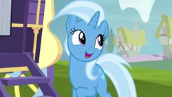 Size: 1280x720 | Tagged: safe, screencap, trixie, pony, unicorn, g4, road to friendship, season 8, cute, diatrixes, female, happy, looking up, mare, open mouth, purple eyes, smiling, solo, spoiler, trixie's wagon, wagon