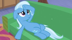 Size: 1280x720 | Tagged: safe, screencap, trixie, pony, unicorn, g4, road to friendship, belly, chubby, female, floppy ears, mare, on back, solo, starlight's office