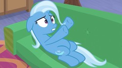 Size: 1280x720 | Tagged: safe, screencap, trixie, pony, unicorn, g4, road to friendship, belly, chubby, couch, female, floppy ears, mare, on back, solo