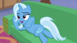 Size: 1280x720 | Tagged: safe, screencap, trixie, pony, unicorn, g4, road to friendship, couch, draw me like one of your french girls, female, mare, on side, solo, starlight's office