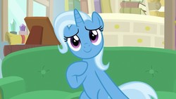 Size: 1280x720 | Tagged: safe, screencap, trixie, pony, unicorn, g4, road to friendship, belly, couch, cute, diatrixes, female, mare, sitting, smiling, solo, starlight's office