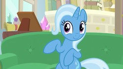 Size: 1280x720 | Tagged: safe, screencap, trixie, pony, unicorn, g4, road to friendship, belly, couch, cute, diatrixes, female, mare, sitting, smiling, solo, starlight's office