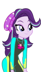 Size: 1556x2728 | Tagged: artist needed, source needed, safe, starlight glimmer, fish, human, equestria girls, g4, my little pony equestria girls: better together, beanie, clothes swap, eyebrows, female, fluttershy's wetsuit, geode of fauna, hands on knees, hat, high res, implied fluttershy, leaning forward, magical geodes, simple background, smiling, solo, swimsuit swap, transparent background, wetsuit