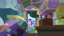 Size: 1280x720 | Tagged: safe, screencap, starlight glimmer, trixie, pony, unicorn, g4, road to friendship, duo, duo female, female, mare, smiling, trixie's wagon, wagon