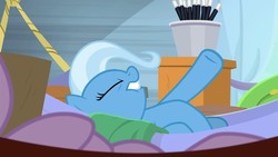 Size: 1280x720 | Tagged: safe, screencap, trixie, pony, unicorn, g4, road to friendship, eyes closed, female, hammock, invisible stallion, mare, on back, out of context, solo focus, wagon