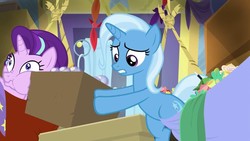 Size: 1280x720 | Tagged: safe, screencap, starlight glimmer, trixie, pony, unicorn, g4, road to friendship, belly, bipedal, duo, duo female, female, mare, trixie's wagon