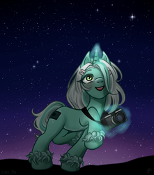 Size: 2206x2500 | Tagged: safe, artist:liny-an, oc, oc only, oc:scarlette photo, pony, unicorn, camera, cute, digital art, excited, glowing horn, happy, high res, horn, looking up, magic, night, request, sky, smiling, solo, stars