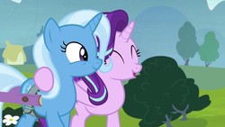 Size: 1280x720 | Tagged: safe, screencap, starlight glimmer, trixie, pony, unicorn, g4, road to friendship, duo, duo female, female, mare, smiling