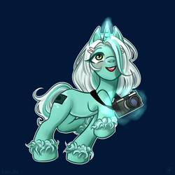 Size: 2500x2500 | Tagged: safe, artist:liny-an, oc, oc only, oc:scarlette photo, pony, unicorn, camera, cute, digital art, excited, glowing horn, happy, high res, horn, looking up, magic, request, smiling, solo