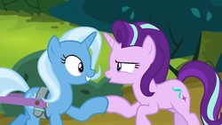 Size: 1280x720 | Tagged: safe, screencap, starlight glimmer, trixie, pony, unicorn, g4, road to friendship, duo, duo female, eye contact, female, looking at each other, mare, swamp