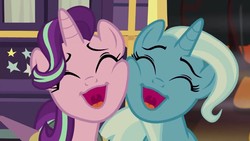 Size: 1280x720 | Tagged: safe, screencap, starlight glimmer, trixie, pony, unicorn, g4, road to friendship, cheek squish, cute, diatrixes, duo, duo female, eyes closed, female, glimmerbetes, mare, mawshot, open mouth, squishy cheeks, trixie's wagon, uvula