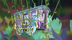 Size: 1280x720 | Tagged: safe, screencap, starlight glimmer, trixie, pony, unicorn, g4, road to friendship, duo, duo female, female, forest, mare, stuck, tied up, tree, trixie's wagon, vine