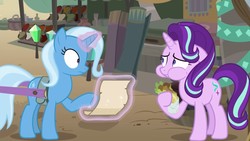 Size: 1280x720 | Tagged: safe, screencap, starlight glimmer, trixie, pony, unicorn, g4, road to friendship, duo, duo female, eating, falafel, female, floppy ears, food, magic, magic aura, mare, puffy cheeks, street food, telekinesis