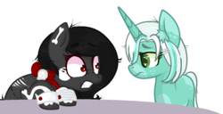 Size: 1202x616 | Tagged: safe, artist:nlshlnoya, artist:xxxzosiaxxx, oc, oc only, oc:fii murr, oc:scarlette photo, earth pony, pony, unicorn, collaboration, cute, female, scared, simple background, transparent background