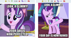 Size: 510x271 | Tagged: safe, starlight glimmer, derpibooru, g4, comparison, duality, exploitable meme, image macro, juxtaposition, meme, meta, subverted meme, your day is ruined