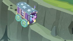 Size: 1280x720 | Tagged: safe, screencap, starlight glimmer, trixie, pony, unicorn, g4, road to friendship, cliff, duo, duo female, female, ghastly gorge, magic, mare, telekinesis, trixie's wagon, wagon