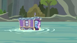 Size: 1280x720 | Tagged: safe, screencap, starlight glimmer, trixie, pony, unicorn, g4, road to friendship, duo, duo female, female, mare, river, smiling, trixie's wagon, wagon, water