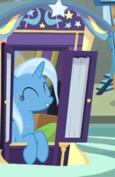 Size: 351x537 | Tagged: safe, screencap, trixie, pony, unicorn, g4, road to friendship, cropped, eyes closed, female, mare, river, smiling, solo, trixie's wagon, water