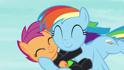 Size: 1920x1080 | Tagged: safe, screencap, rainbow dash, scootaloo, pegasus, pony, g4, the washouts (episode), clothes, cute, duo, eyes closed, female, filly, flying, mare, pint-sized dynamite, scootalove, uniform, washouts uniform