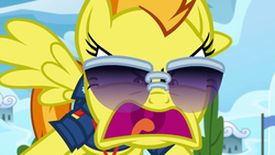Size: 1920x1080 | Tagged: safe, screencap, spitfire, pegasus, pony, g4, the washouts (episode), angry, faic, female, full body wing and hoof cast drinking through a straw, mare, rage, shrunken pupils, solo, sunglasses, wings, yelling