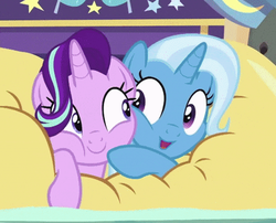 Size: 438x354 | Tagged: safe, screencap, starlight glimmer, trixie, pony, unicorn, g4, road to friendship, cheek squish, cheek to cheek, cropped, cute, diatrixes, duo, eye contact, female, friendshipping, ghastly gorge, glimmerbetes, i guess we're stuck together, inflatable, inflatable raft, looking at each other, mare, prone, raft, shipping fuel, smiling, snuggling, squished, squishy, squishy cheeks, trixie's wagon, we're friendship bound